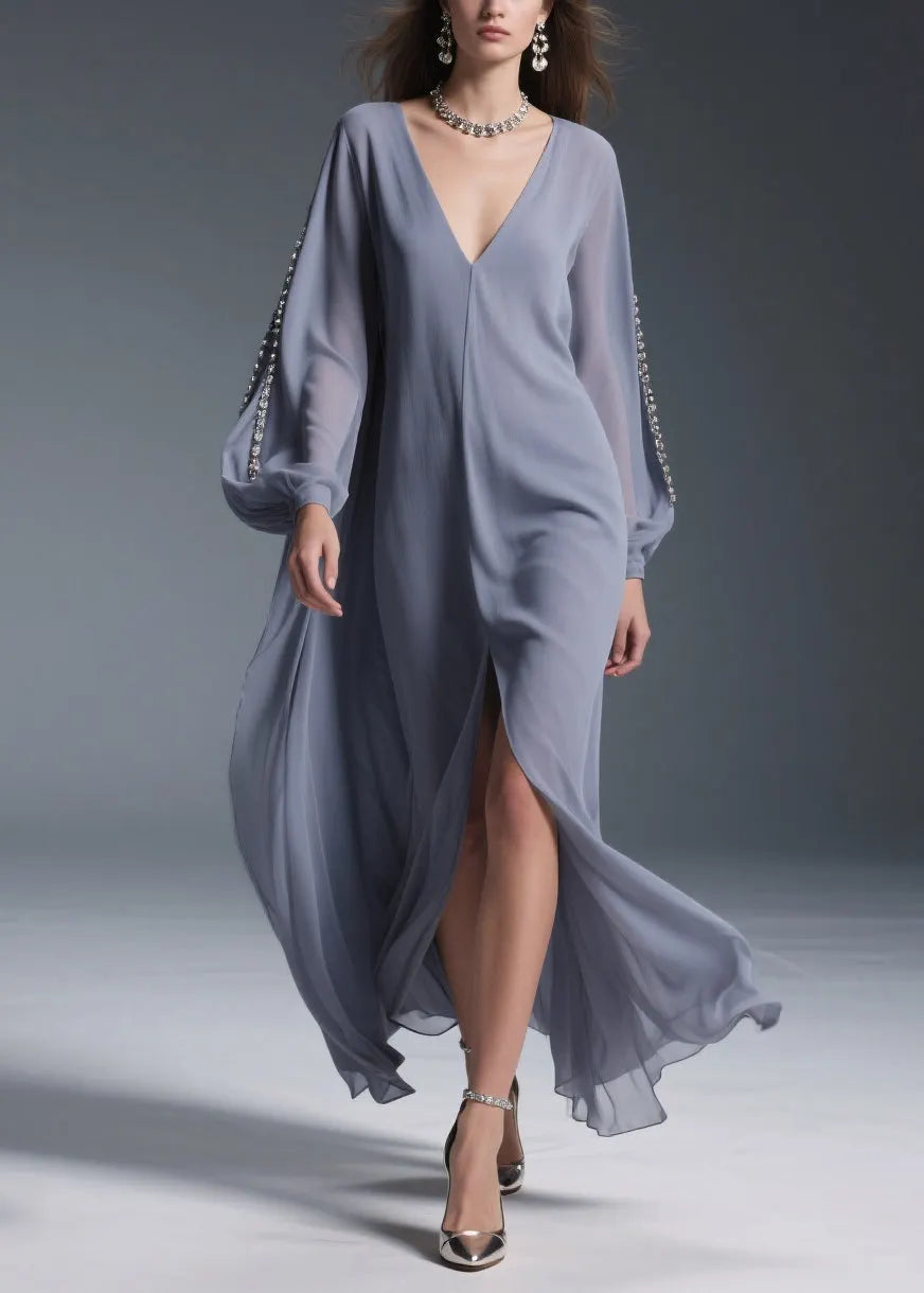 Grey Front Open Chiffon Long Dresses V Neck Spring