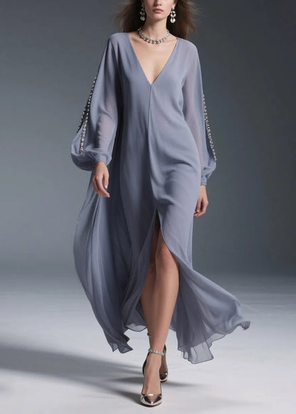 Grey Front Open Chiffon Long Dresses V Neck Spring