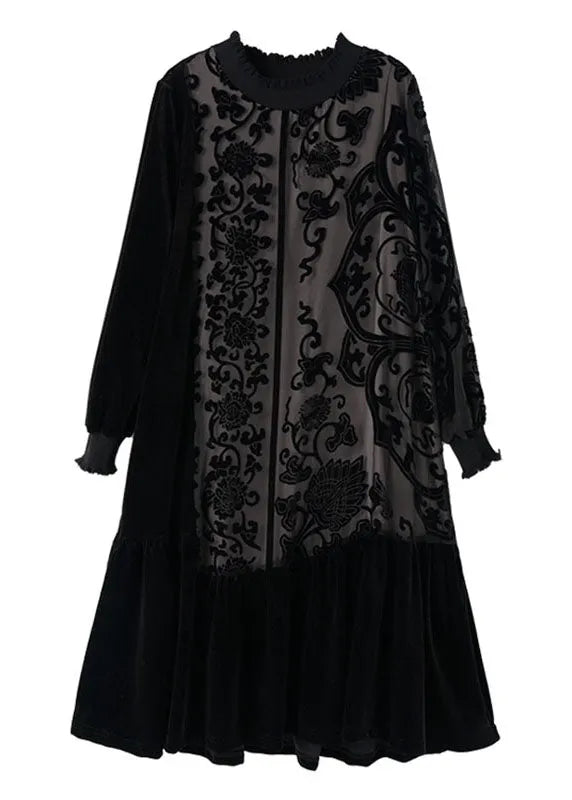 Black O-neck Embroideried Patchwork Silk Velour Maxi Dress Long Sleeve