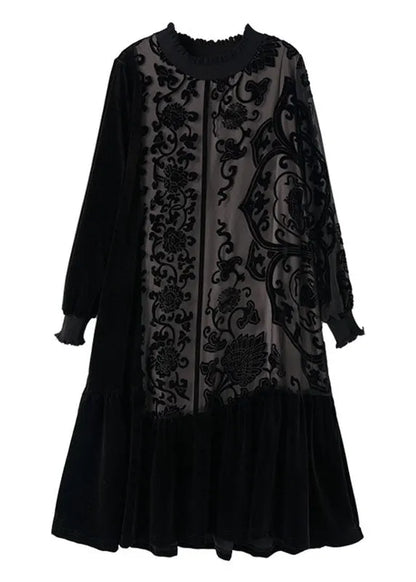 Black O-neck Embroideried Patchwork Silk Velour Maxi Dress Long Sleeve