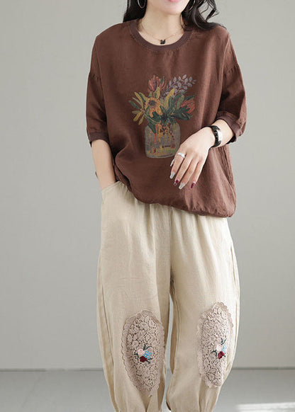 Chocolate O-neck Oversized Print Linen Tanks Short Sleeve