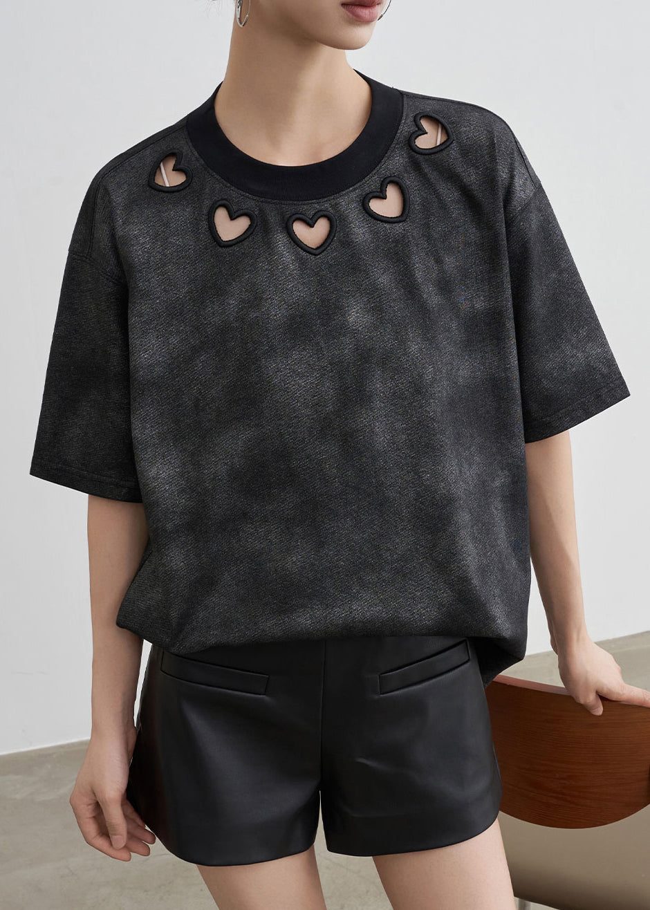 Black O Neck Hollow Out Cotton T Shirt Summer