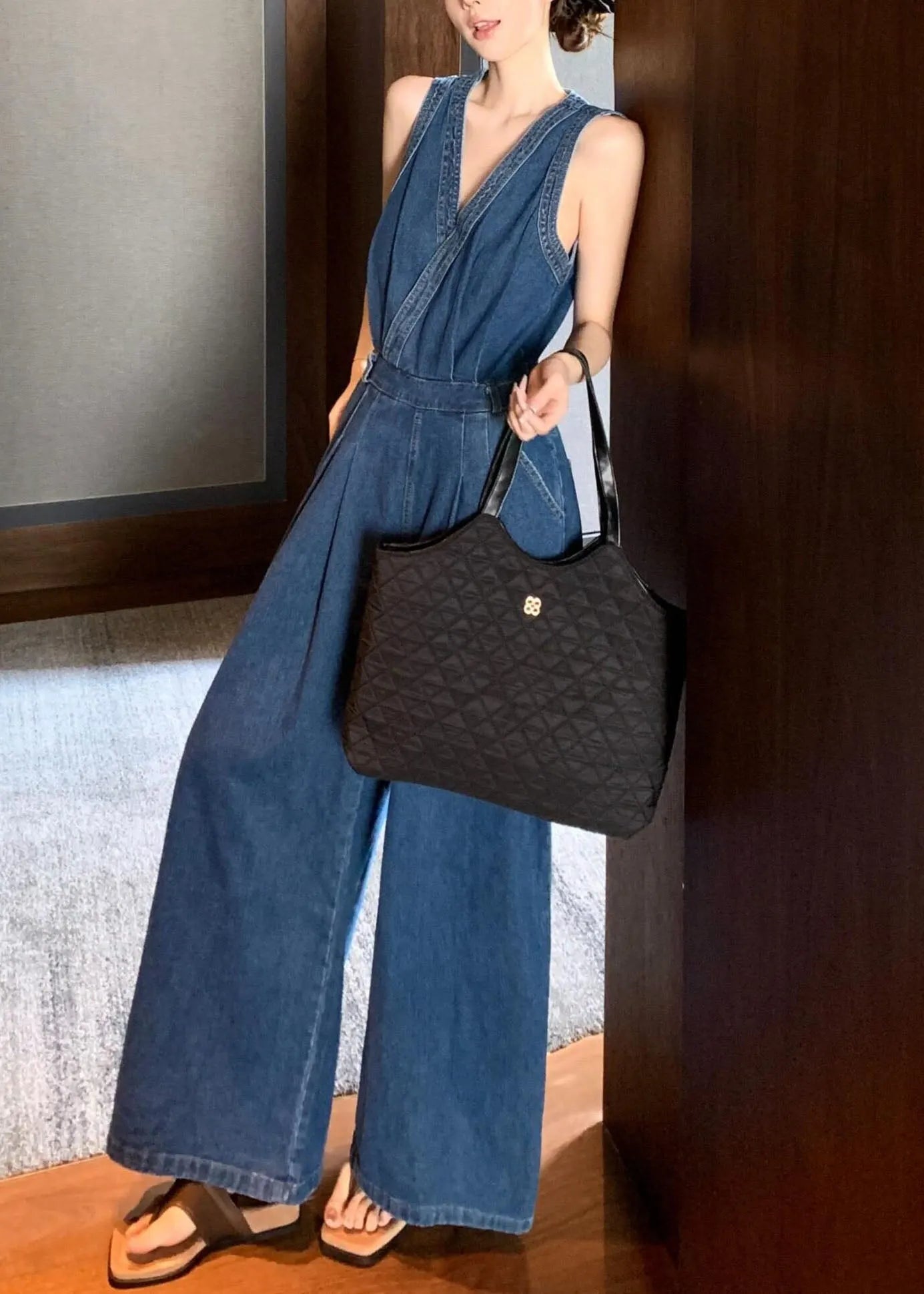 Stylish Blue V Neck Patchwork Denim Jumpsuits Sleeveless