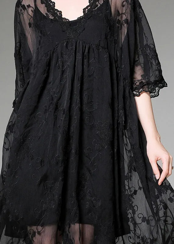 Handmade Black Embroideried Patchwork Tulle Two-piece Set Dress Summer