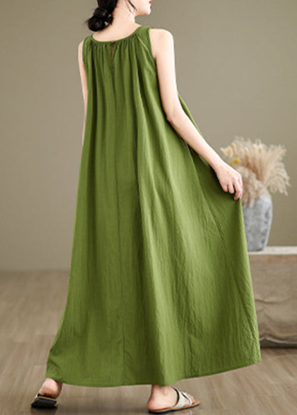Loose Green Wrinkled Cotton Maxi Dresses Sleeveless