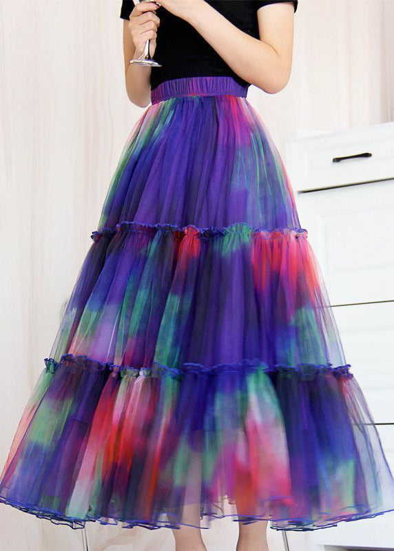 Blue Ruffled Tie Dye Tulle Skirt Spring