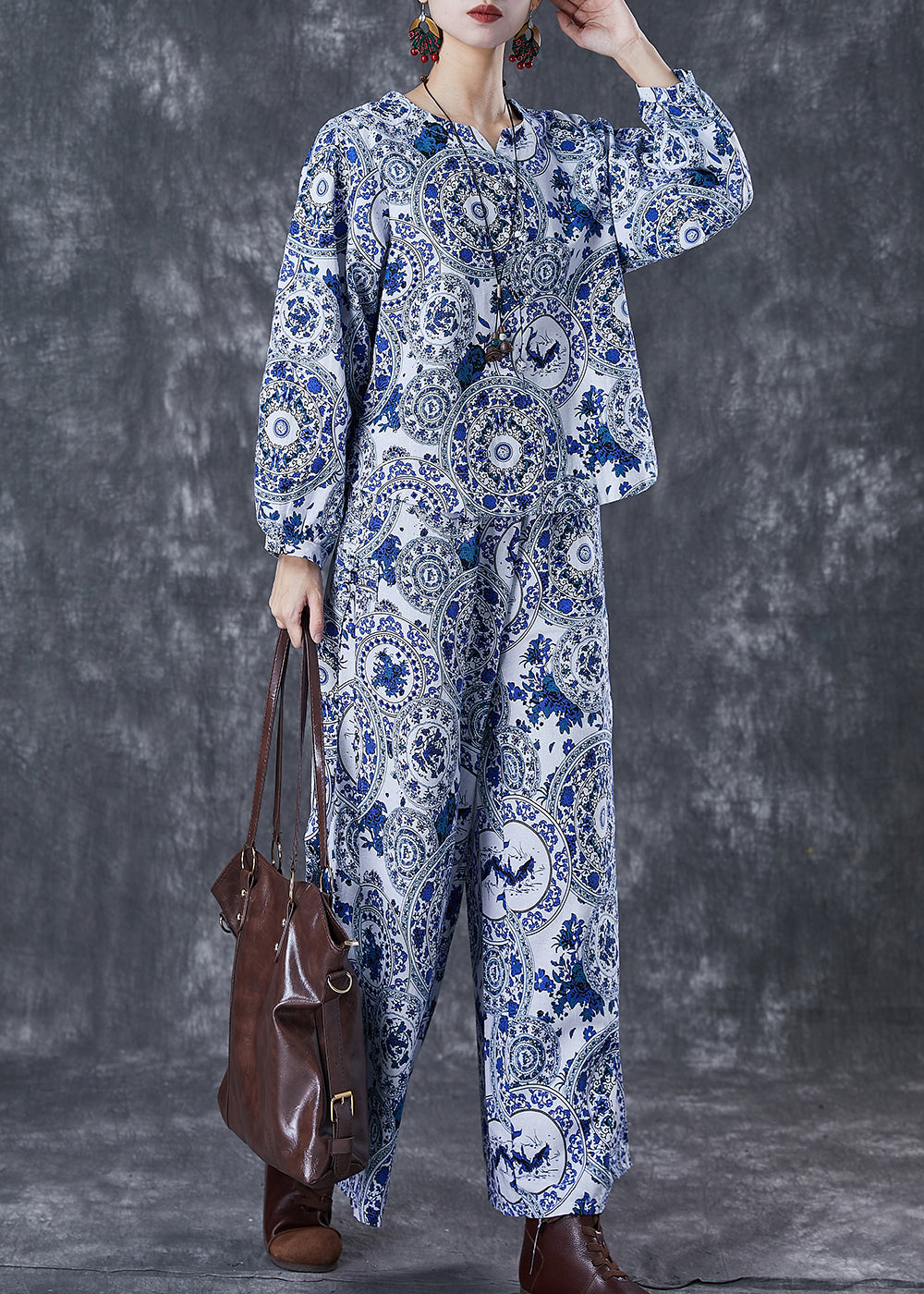 Blue Print Linen Sets 2 Pieces O-neck Fall