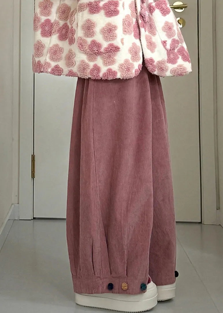Pink Pockets Mink Velvet Coats and Wide Leg Pants Two Piece Set Winter
