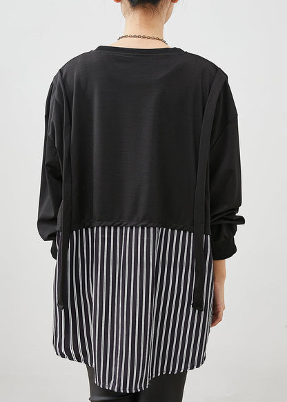 Black Oversized Patchwork Striped Cotton Sweatshirt Spring