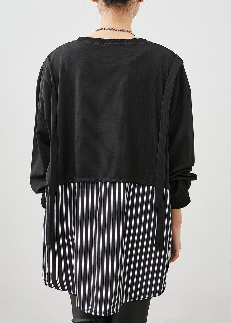 Black Oversized Patchwork Striped Cotton Sweatshirt Spring