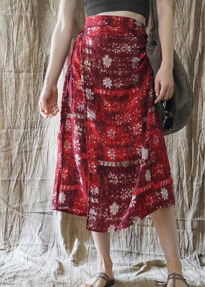Slim Fit Red Tie Waist Print Asymmetrical Design Cotton Skirt Spring