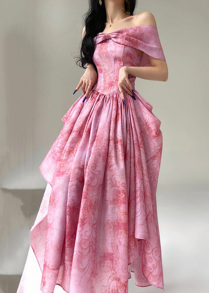 Pink Slash Neck Wrinkled Print Silk Dress Summer