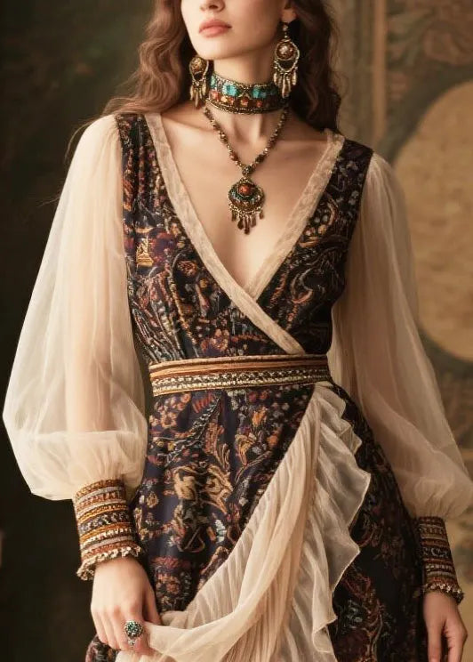 Black V Neck Patchwork Tulle Chiffon Maxi Dresses Lantern Sleeve