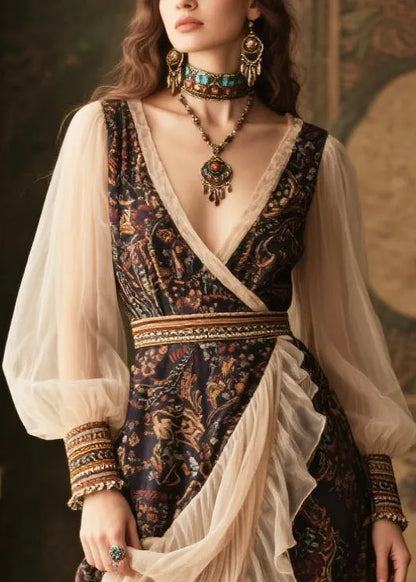 Black V Neck Patchwork Tulle Chiffon Maxi Dresses Lantern Sleeve