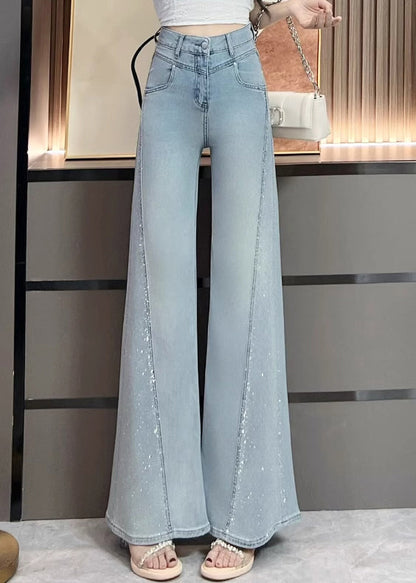 Stylish Navy Pockets Zircon Patchwork Denim Wide Leg Pants Fall