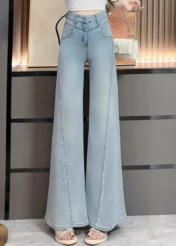 Stylish Navy Pockets Zircon Patchwork Denim Wide Leg Pants Fall