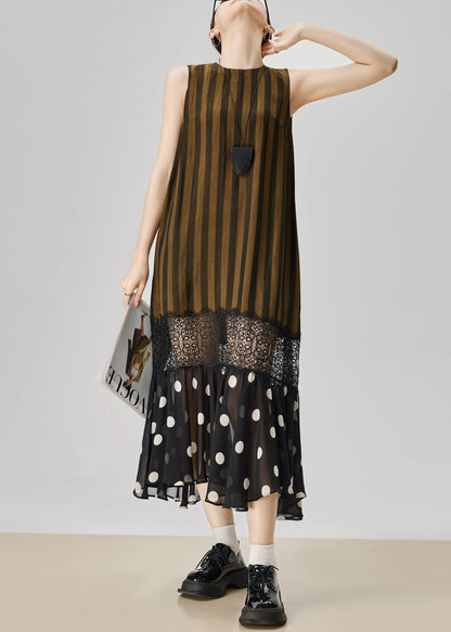 Art Striped Hollow Out Lace Patchwork Cotton Long Dresses Sleeveless