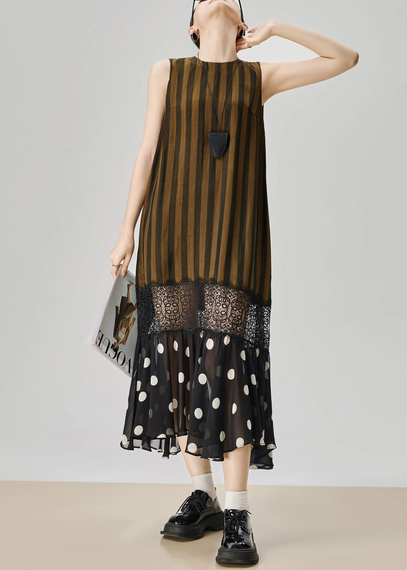 Art Striped Hollow Out Lace Patchwork Cotton Long Dresses Sleeveless