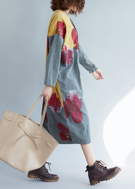 Modern Colorblock O-neck Oversized Patchwork Print Cotton Long Dress Spring