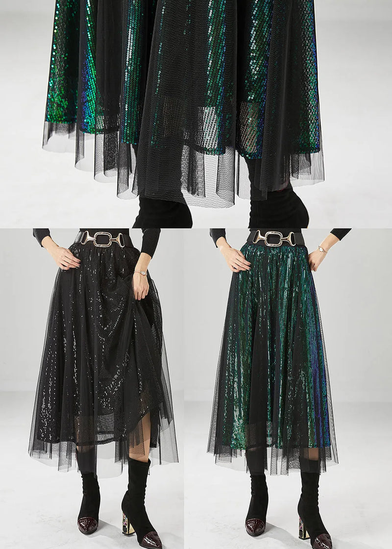 Peacock Green Silm Fit Tulle a Line Skirts Sequins Fall