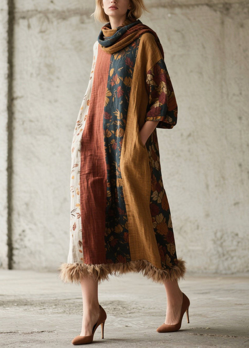 Mixed Color Patchwork Faux Fur Ankle Dress Oversized Fall
