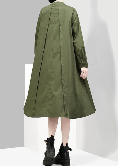 Green Button Asymmetrical Design Stand Collar Shirt Dresses Spring