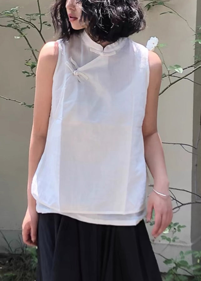 Black Stand Collar Button Cotton Vest Sleeveless
