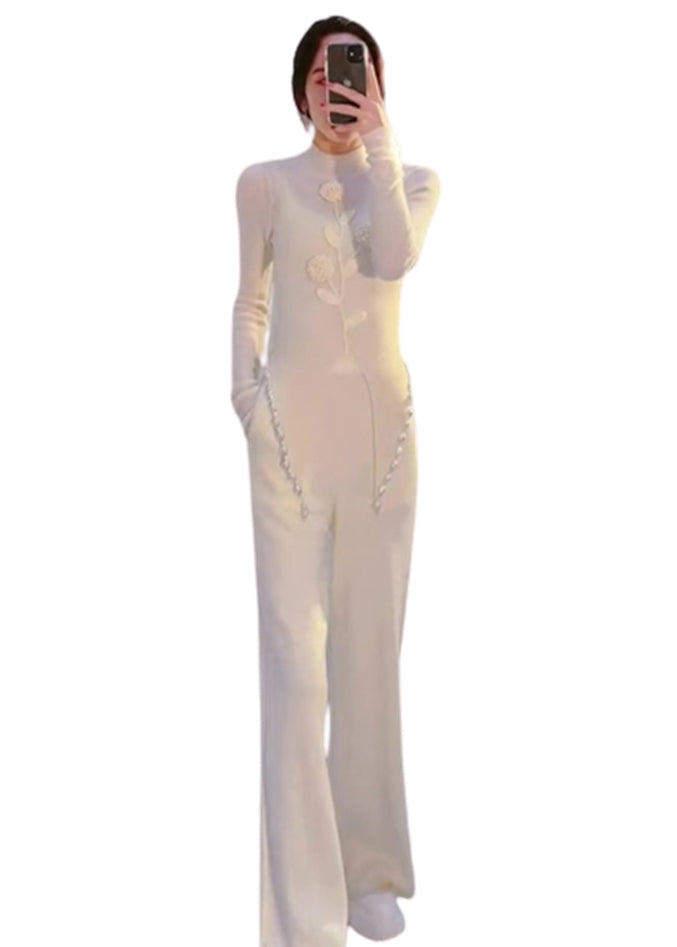 White Pearl Patchwork Knitting Cotton Two-piece Set Long Sleeve