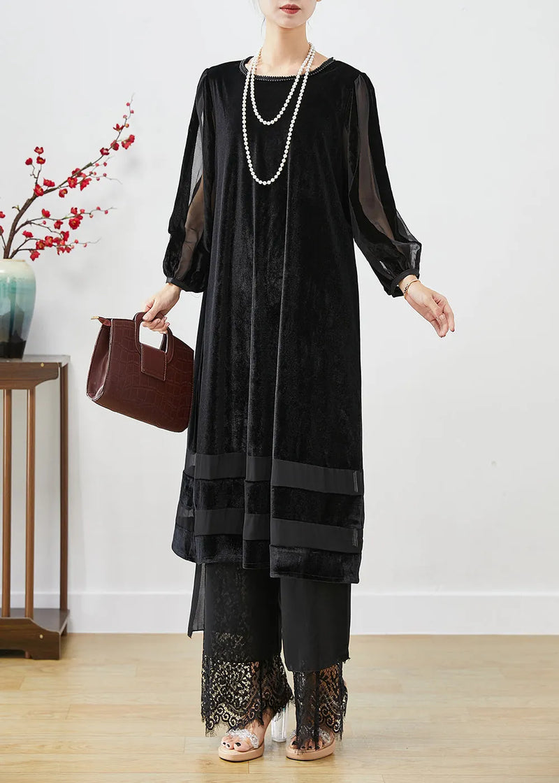 Black Hollow Out Patchwork Silk Velour Maxi Dresses Bracelet Sleeve Spring