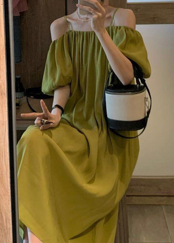 Loose Green Cold Shoulder Cotton Spaghetti Strap Dress Summer