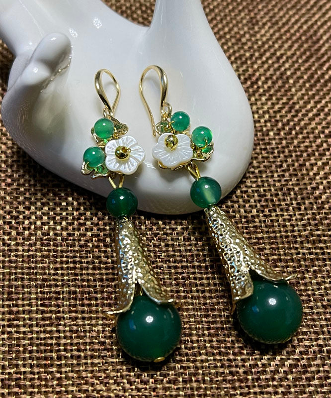 Green Sterling Silver Overgild Jade Agate Shell Flower Drop Earrings