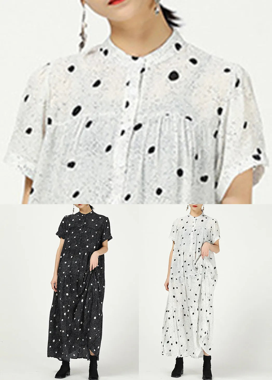 Black Stand Collar Print Cotton Dresses Short Sleeve