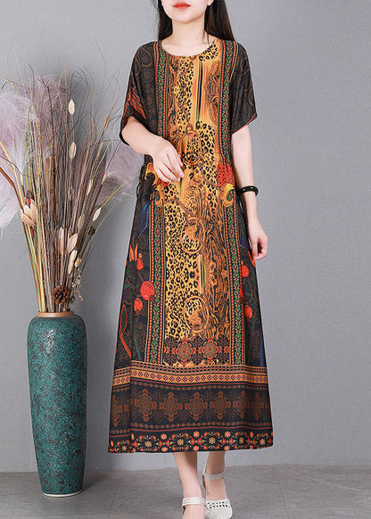 Yellow O-neck Print Elastic Waist Silk Dresses Short Sleeve