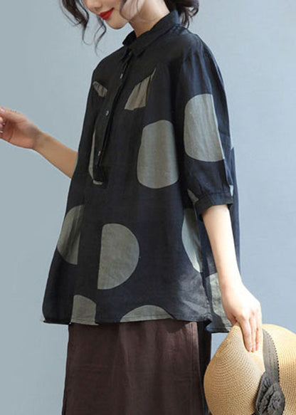 Black Peter Pan Collar Dot Linen Shirt Tops Half Sleeve