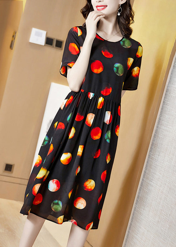 Handmade Black O-neck Multi Dot Print Silk Pleated Dress Short Sleeve