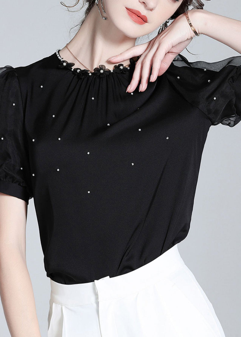 Diy Black O-neck Silk Nail Bead Shirts Summer