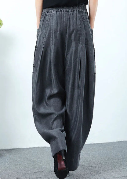 Classy Black Grey Pockets Wrinkled Denim Pants Spring