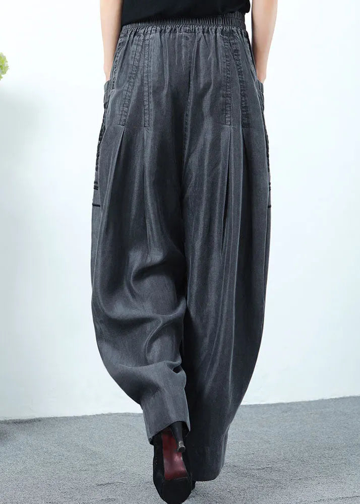 Classy Black Grey Pockets Wrinkled Denim Pants Spring