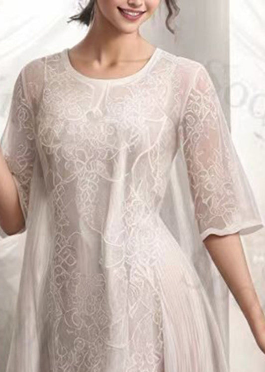 Brief Beige Lace Patchwork Fake Two Piece Silk Maxi Dress Short Sleeve
