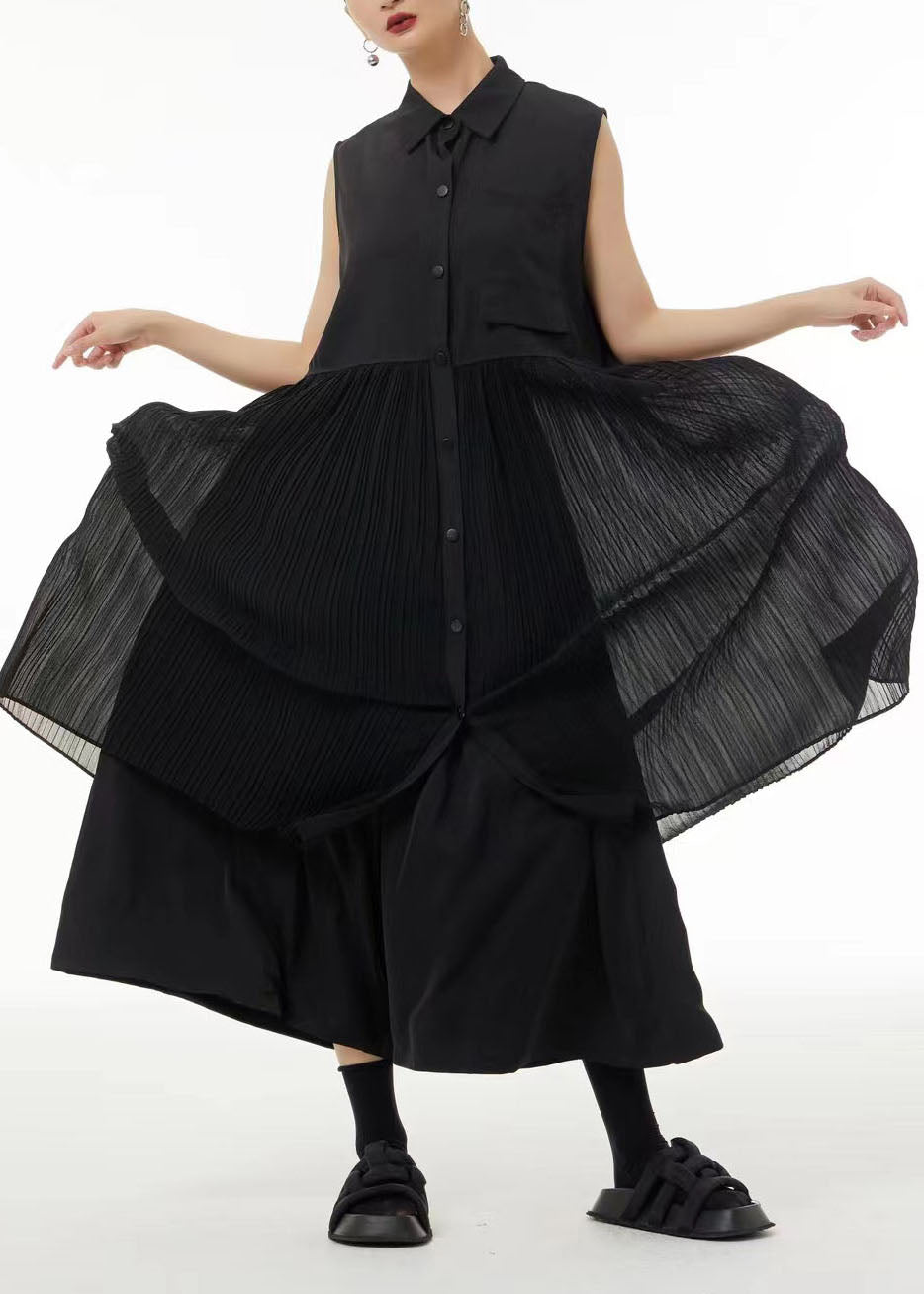 Black Peter Pan Collar Patchwork Chiffon Pleated Dress Sleeveless