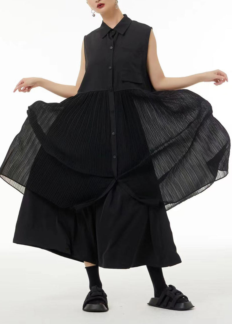 Black Peter Pan Collar Patchwork Chiffon Pleated Dress Sleeveless