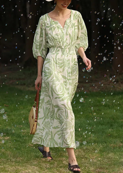 Loose Green Print Front Open Pockets Cotton Long Dress Half Sleeve