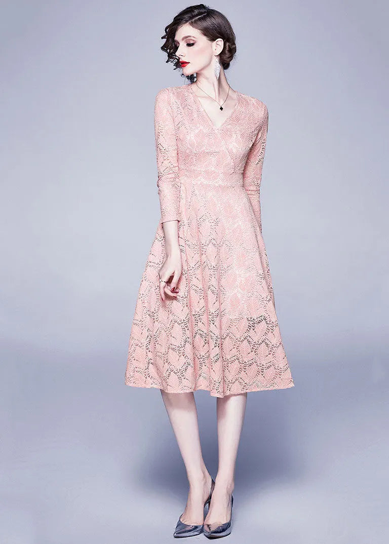 Pink V Neck Exra Large Hem Lace Dresses Bracelet Sleeve