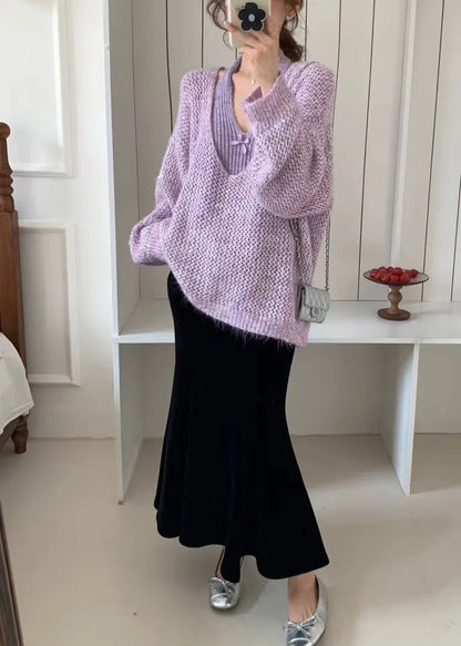 Classy Purple Oversized Hollow Out Knit Two Pieces Set Winter