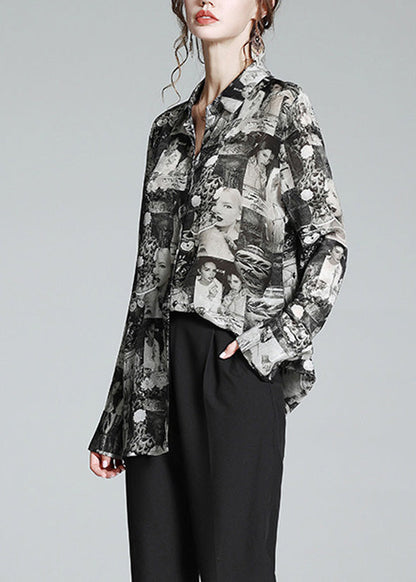 Black Peter Pan Collar Print Button Silk Shirt Long Sleeve