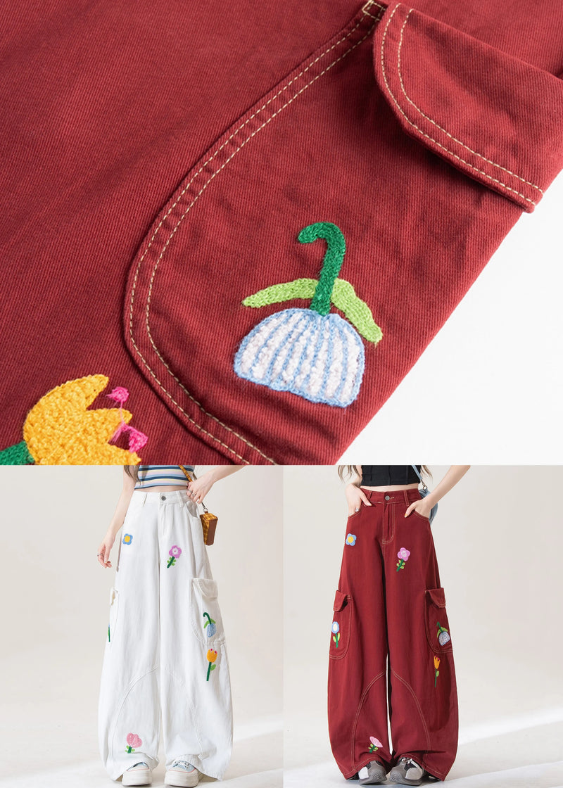 Stylish Red Pockets Denim Wide Leg Pants Fall