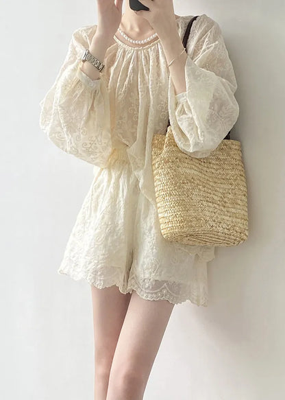 Art Beige Embroidered Tops and Shorts Cotton Two Piece Set Spring