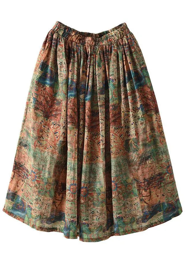 Green Print Ramie Elastic Waist Skirt