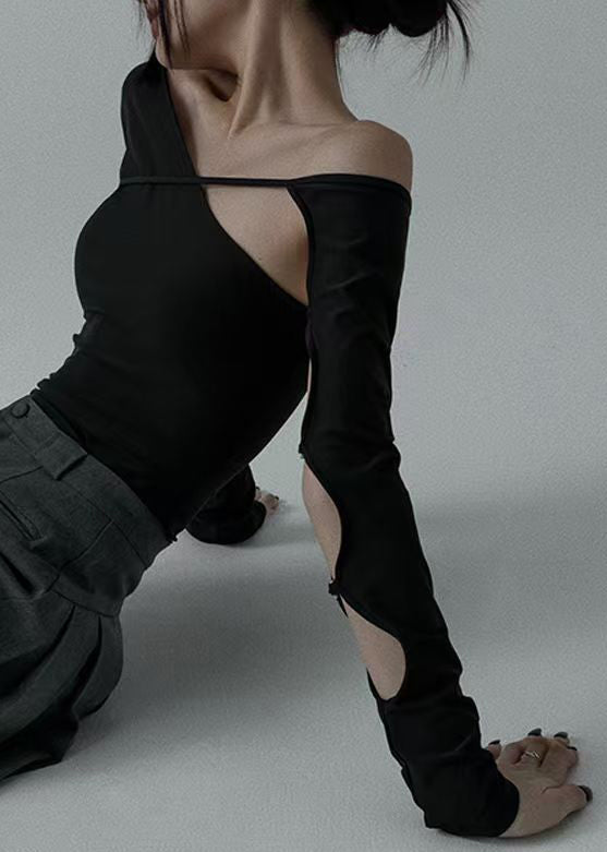 Black Asymmetrical Hollow Out Cotton Dance T Shirt Spring