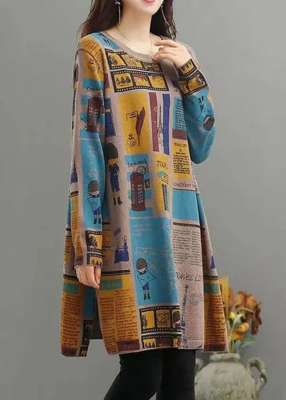 Camel O Neck Print Patchwork Warm Fleece Mid Dress Winter